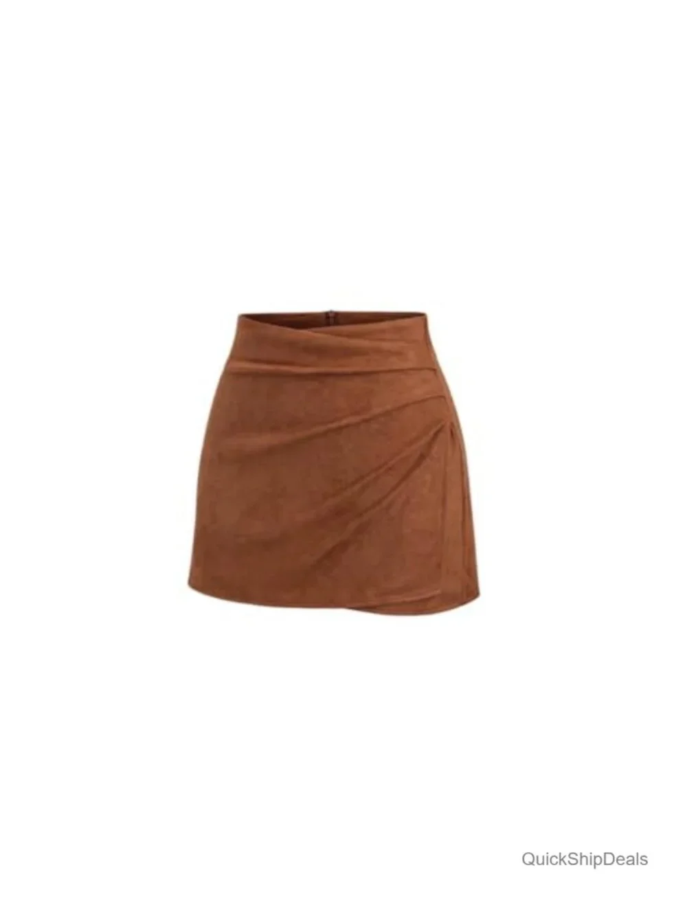 Vintage Faux Suede Ruched Wrap High Waist Zip Back Bodycon Mini Skirt